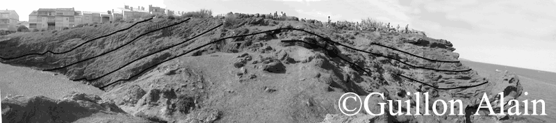 Photo 23 - Le panoramique photo, pris au-dessus des tufs gris de la zone NE de la plage de la Conque, montre le comblement de chenal, ainsi que le redressement des tufs. (Alain Guillon).