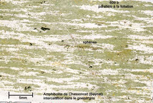 structure foliée similaire, toutefois avec des lits quartzo-feldspathiques d’une part, et amphibolitiques 